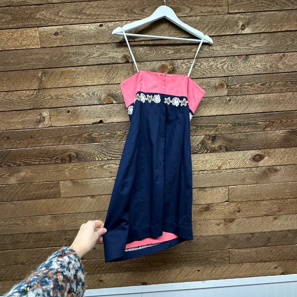 Lilly Pulitzer Strapless Colorblock Dress Pink & Navy Seashell Trim Size 6 - Picture 4 of 6